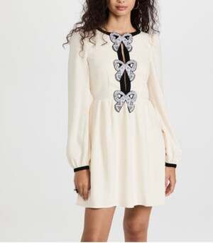 Saloni Camille Embellished Crepe Long Sleeve Mini Dress Cream Black Beads Size 8